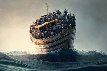 Migrants and refugees in a boat on the Ocean. Global migration concept. Ai generated art