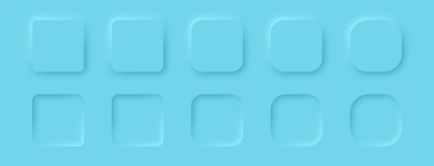 Poster - Square buttons in a neomorphic style on a blue background. A set of user interface design elements. Vector illustration.