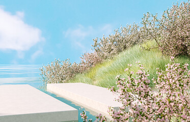 Aufkleber - Natural beauty podium backdrop with spring sakura cherry blossom landscape scene. 3d rendering.