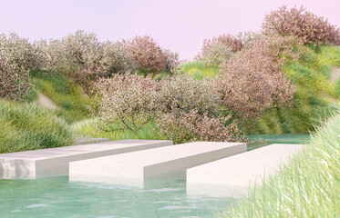 Aufkleber - Natural beauty podium backdrop with spring sakura cherry blossom landscape scene. 3d rendering.