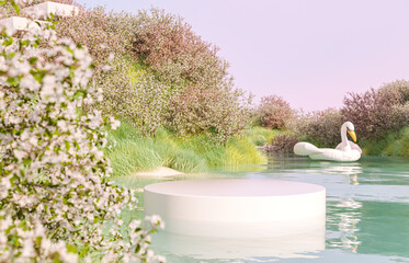 Poster - Natural beauty podium backdrop with spring sakura cherry blossom landscape scene. 3d rendering.