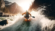 Extreme Sport Kayak Sails Mountain River With Sun Light, Aerial Top View. Rafting, Whitewater Kayaking. Generation AI