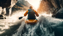 Back View Man In Kayak Sails Mountain River With Sun Light. Concept Extreme Sport Rafting, Whitewater Kayaking. Generation AI