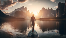 Man In Thermo Clothing Rowing Oar On Sup Board Blue Lake Water Paddleboard Background Of Forest And Mountains Sunset. Concept Travel Adventure. AI Generation