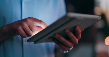 Aufkleber - Businessman, hands or tablet in city evening for office planning, company growth schedule or deadline progress check. Zoom, man or working late employee on technology or urban night for startup app