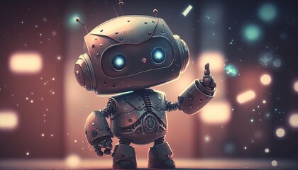 Positive cute business robot. Dressed in a men's suit with a tie.