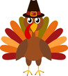 © Trilly - Thanksgiving Day. Funny cartoon character turkey bird in pilgrim hat. Vector illustration isolated on white