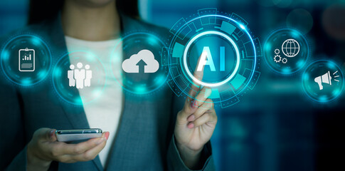Poster - Digital transformation technology strategy, IoT, internet of things. Businesswoman pressing AI button on hologram virtual screen. Blurred background
