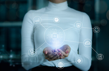 Poster - Woman Hand holding AI icon. Business global internet connection application technology and digital marketing, Digital link tech, big data.