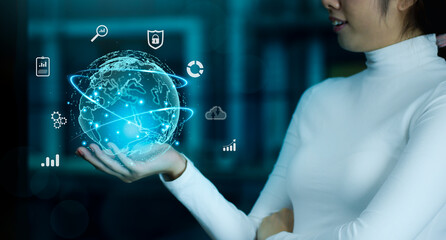 Poster - Woman in white shirt holding digital icon. Business global internet connection application technology, Digital link tech, big data. AI artificial intelligence