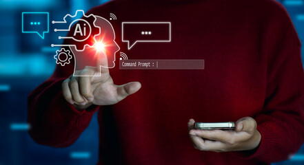 Poster - ChatGPT Chat concept AI, Artificial Intelligence. young man using technology smart robot AI, enter command prompt, contact for business information analysis, Futuristic technology transformation.	