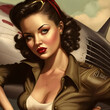 illustration of beautiful 1940s pinup model in front of plane with curl set hair, generative ai
