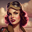 illustration of beautiful 1940s pinup model wearing goggles with curl set hair, generative ai