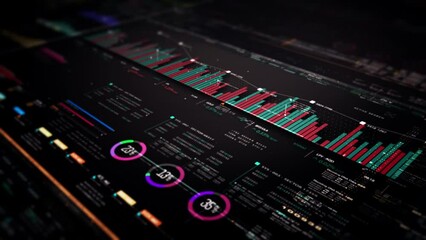 Poster - Business stock market, trading, info graphic with animated graphs, charts and data numbers insight analysis to be shown on monitor display screen for business meeting mock up theme