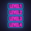 Level 1,2,3,4 neon sign on a transparent dark background