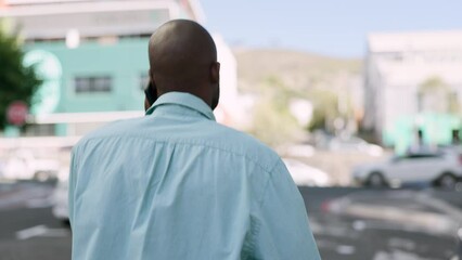 Aufkleber - Business, phone call and back of black man in city talking, chatting or conversation with contact. 5g technology, walking and male entrepreneur with mobile smartphone for discussion or networking.
