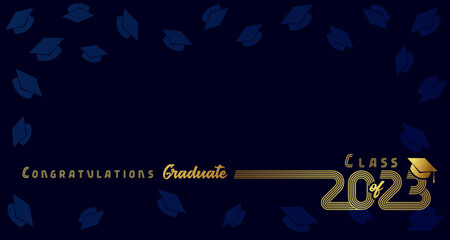 Poster - 2023 Congratulation Graduate, golden line design on blue background. Class of 2023 graduation poster with gold number in academic hat.  Vector illustration