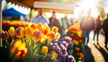 Beautiful Spring Flowers In Rows In A Farmer Market  On A Bright Spring Sunny Day. Call For Spring- Spring Its Here Generative AI