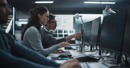 Poster - Young Colleagues Working on Computers and Talking at a Workplace. Female and Male Software Developers Discussing a Solution for Their Collaborative Artificial Intelligence Project