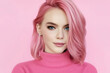 © PixlMakr - Portrait of a woman with pink hair and a pink sweater on a pink background. Generative AI