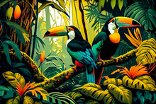 Toucan Birds In The Jungle. Generative AI