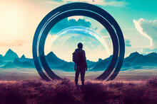 Man Stands In Front Of A Time Portal. Generative AI