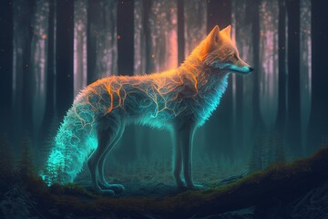 Glowing fox ghost with mystery forest background , creative ai