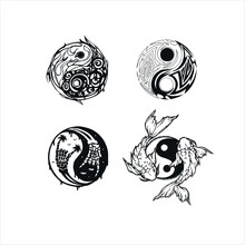Black And White Yin Yang Tattoo With Fish, Bones, Skeleton, Patterns And Flames, Vector Drawing.