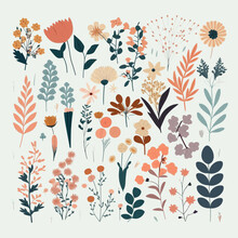 Various Individual Flowers, Leaves, Nature Flat Vector Illustration