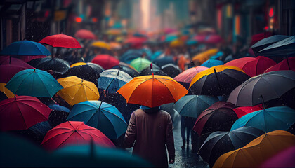 Wall Mural - colorful umbrella open in the crowded street on the street