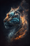 Fototapeta  - Głowa tygrys połączona z mgławicą galaktyczną. Tygrys na czarnym tle w magicznym, abstrakcyjnym wydaniu. Generative AI