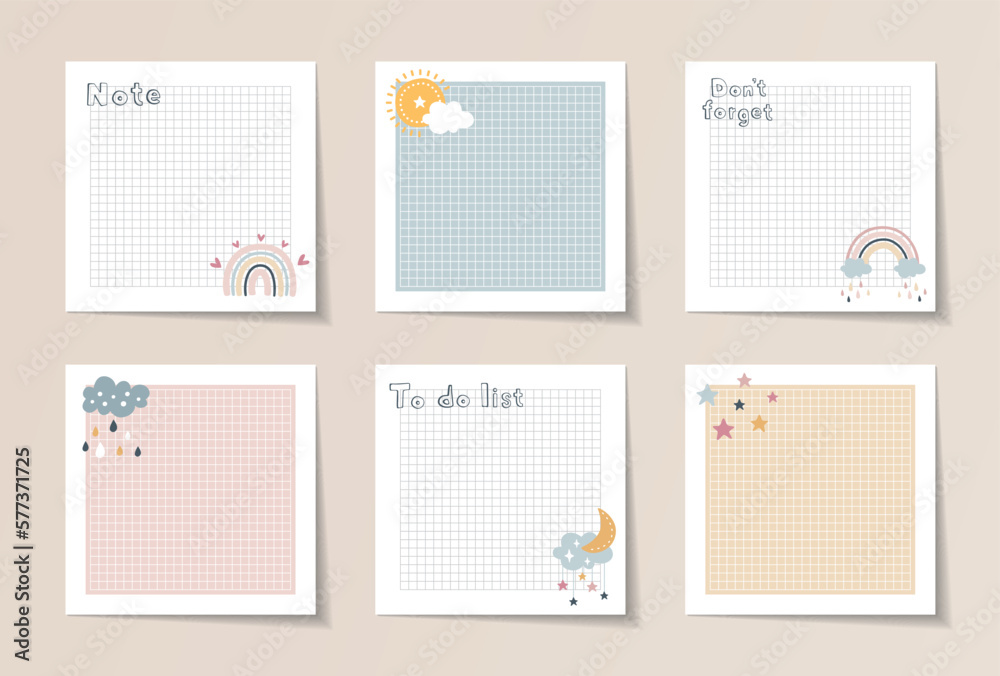 Set of memo with cute hand-drawn illustration. Template for planners ...