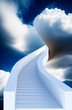 A surreal concept image of a white staircase leading from the ground to the sky and disappearing into a fluffy white cloud. Symbolic of ambition, dreams, and the journey to success. 3D Render