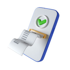 Poster - 3d mobile phone with check mark on screen and receipt .concept of online payment, transaction confirmation. icon isolated on white background. 3d rendering illustration. Clipping path.