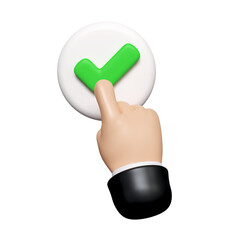 Poster - 3D hand presses green button with check mark. Accepting, agree concept. Finger selects successful, correct answer. icon isolated on white background. 3d rendering illustration. Clipping path.