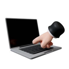 Poster - 3D Computer laptop with hand finger presses on keyboard button. Typing on notebook. icon isolated on white background. 3d rendering illustration. Clipping path.