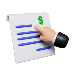 Poster - 3d hand pointing at financial documents. icon isolated on white background. 3d rendering illustration. Clipping path.