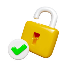 Poster - 3d Yellow unlocked padlock icon with green check symbol. Security concept. icon isolated on white background. 3d rendering illustration. Clipping path.