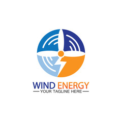 Sticker - Wind energy logo. renewable energy icon with wind turbines and thunder bolt isolated on white background