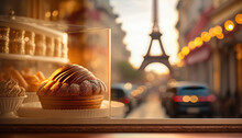 French Bakery On Background Of Eiffel Tower, Paris. Based On Generative AI