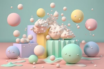 Wall Mural - Soap bubbles with pastel balls floating in the air; an abstract picture illustrated in pastels. Generative AI
