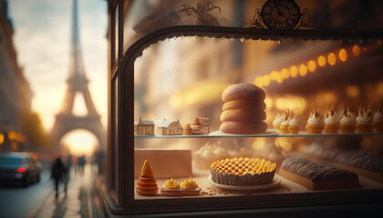 French bakery on background of Eiffel Tower, Paris. Based on Generative AI