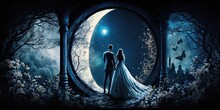 Wedding Couple Holding Hands In A Blue Fantasy Environment. Generative AI Illustration
