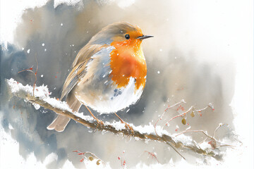 Watercolour of a robin redbreast (Erithacus rubecula) bird in the winter snow, a British European garden songbird often found on Christmas greeting cards, computer Generative AI stock illustration