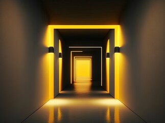 Wall Mural - Perspective of a yellow light from a led neon light blazing against a contemporary concrete hallway Generative AI