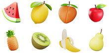 3D Fruits Set Watermelon Banana Pineapple Lemon Pear Kiwi Apple Peach  Vitamins Agriculture Gardening Healthy Food Tropical Fruit UX UI Icons Web Design Elements Set 3d Rendering Illustration