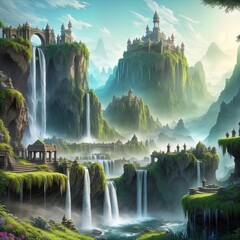 Wall Mural - A fantasy city, in the mountains, with cascading waterfalls. 