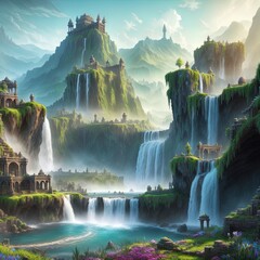 Wall Mural - A fantasy city, in the mountains, with cascading waterfalls. 