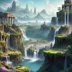 Wall Mural - A fantasy city, in the mountains, with cascading waterfalls. 