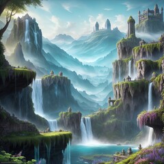 Wall Mural - A fantasy city, in the mountains, with cascading waterfalls. 